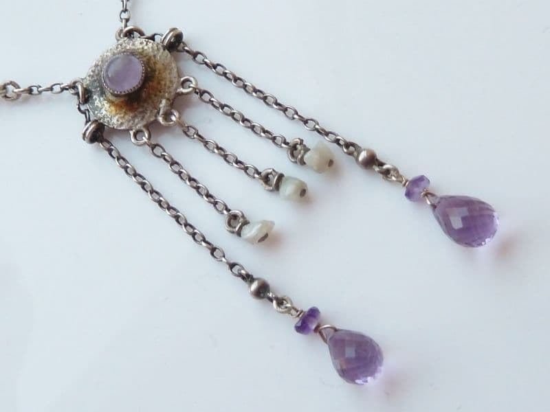 SOLD Antique Arts & Crafts Glasgow Style Necklace Amethyst Pearl Silver